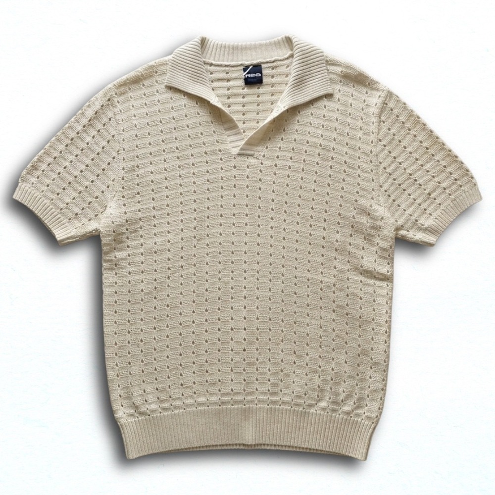 RSQ Mens Cream Knit Polo Shirt Short Sleeve Pointelle Crochet V-Neck XXL
